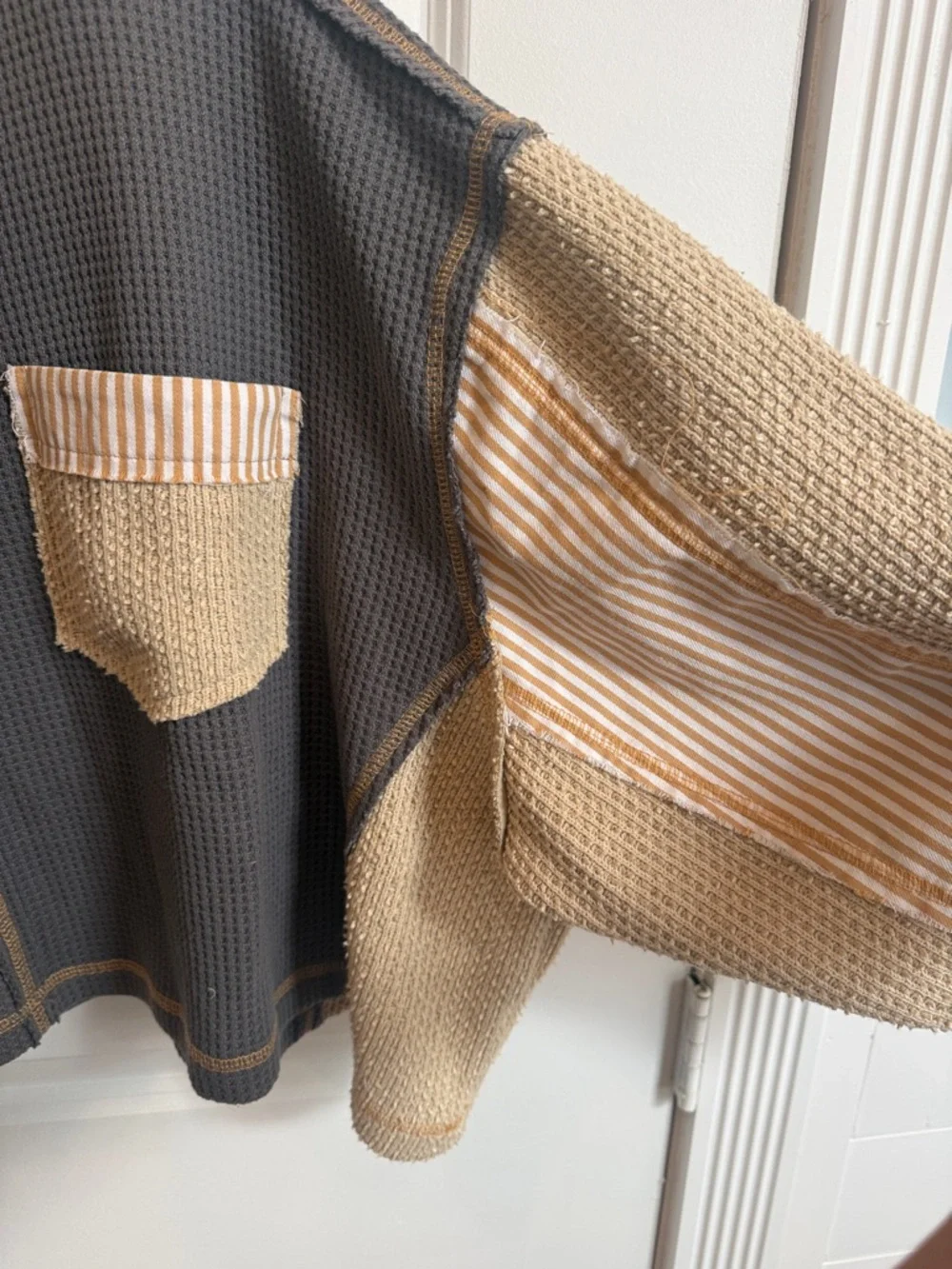 POL Patchwork Waffle-Knit Pullover - Gray & Cream - Picture 4 of 12